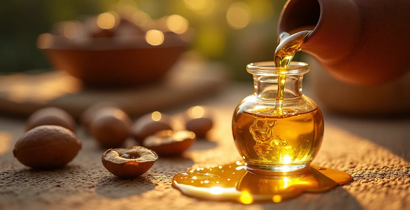 Aceite de argán puro mostrando su textura dorada y origen artesanal