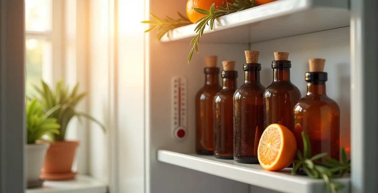 Aceites faciales almacenados correctamente en nevera durante verano español