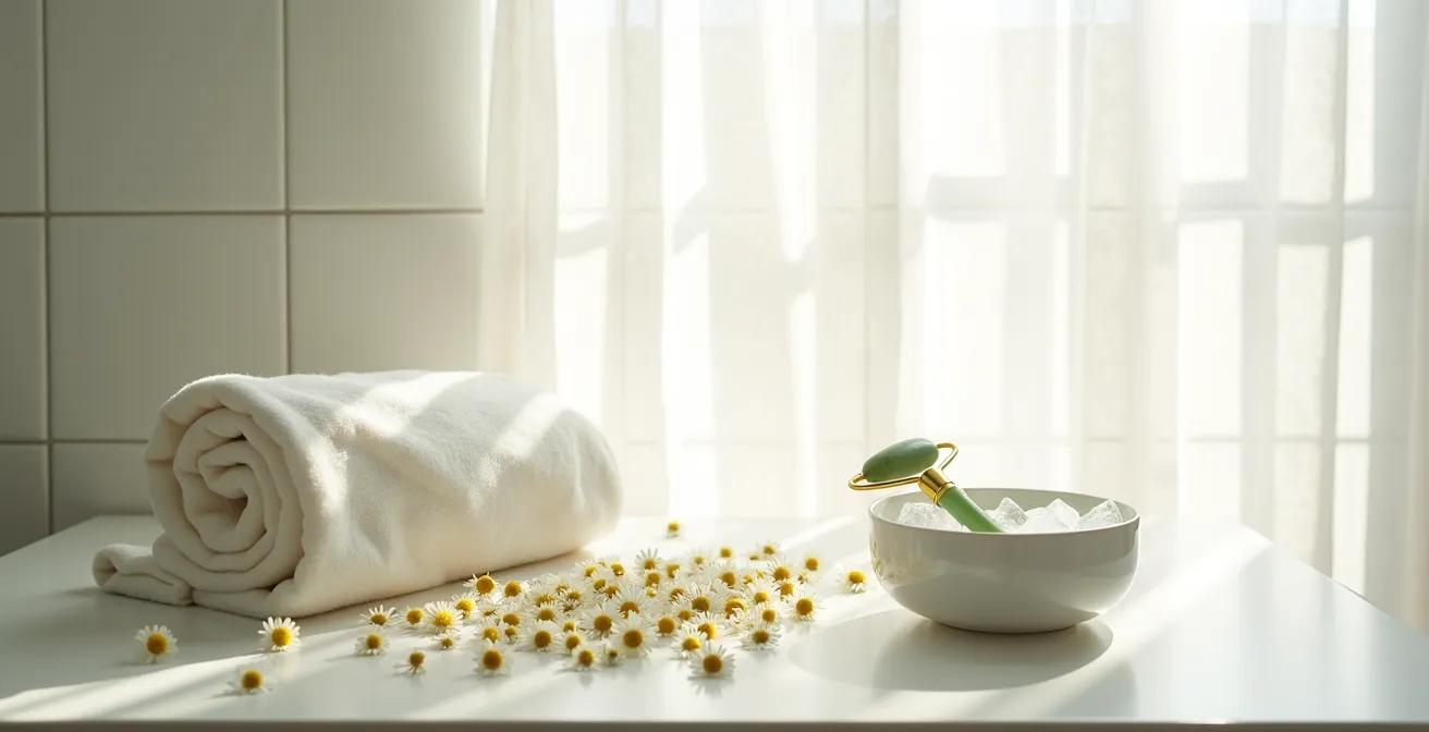 Compresas naturales de manzanilla y rodillo de hielo para drenaje facial alternativo