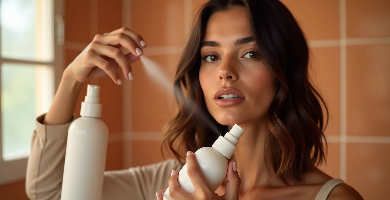 Demostración visual de aplicación correcta de protector térmico en diferentes zonas del cabello