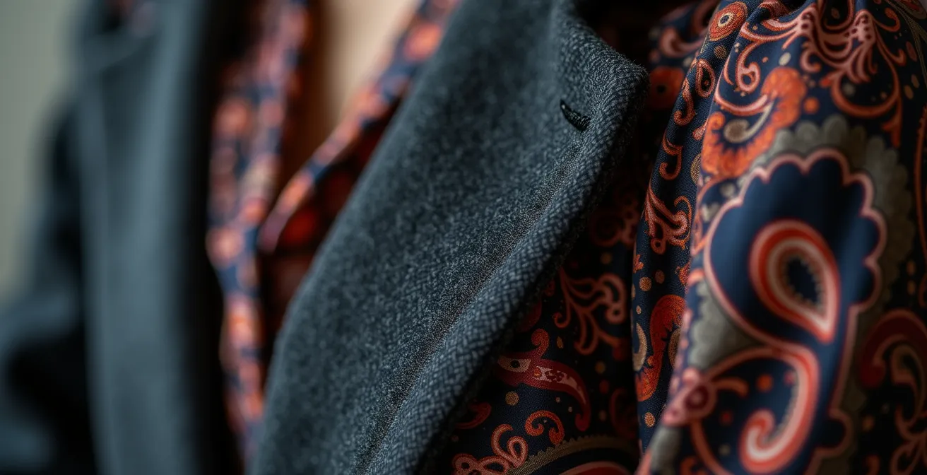 Detalle macro de blazer con textura y estampado paisley en blusa de seda