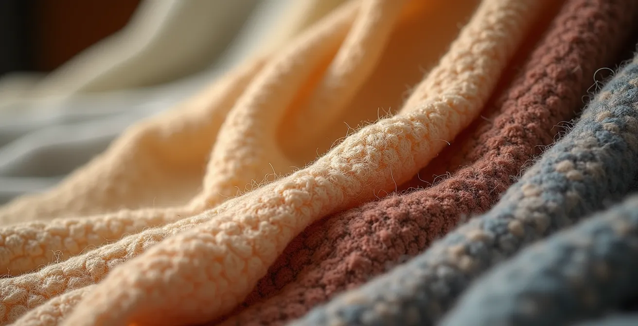 Detalle macro de la técnica de capas térmicas, mostrando la superposición de un tejido de lana, encaje y cachemira.