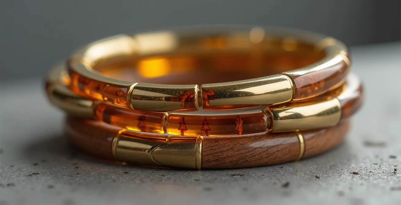 Detalle macro de brazaletes combinando metal dorado con resina y madera