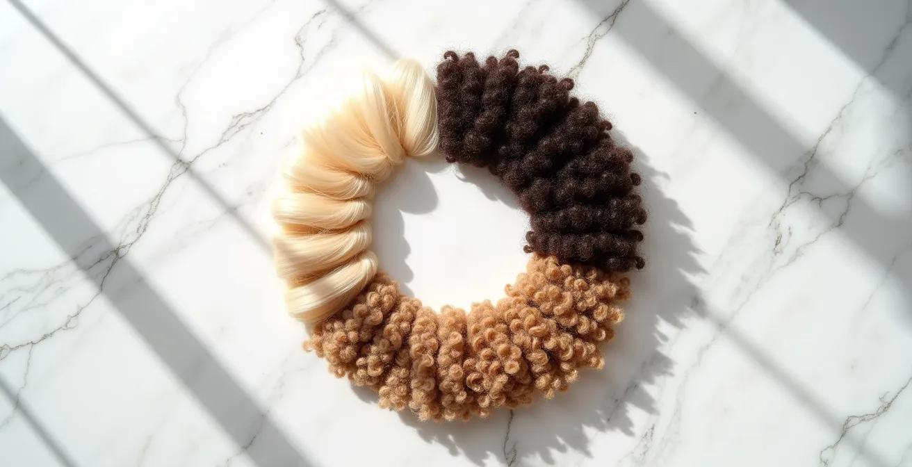 Vista cenital de diferentes texturas de cabello dispuestas en círculo