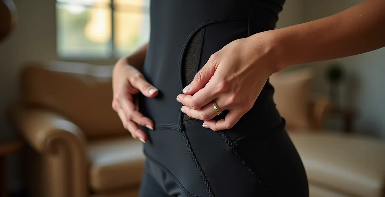 Mano sosteniendo etiqueta de certificación textil en prenda deportiva