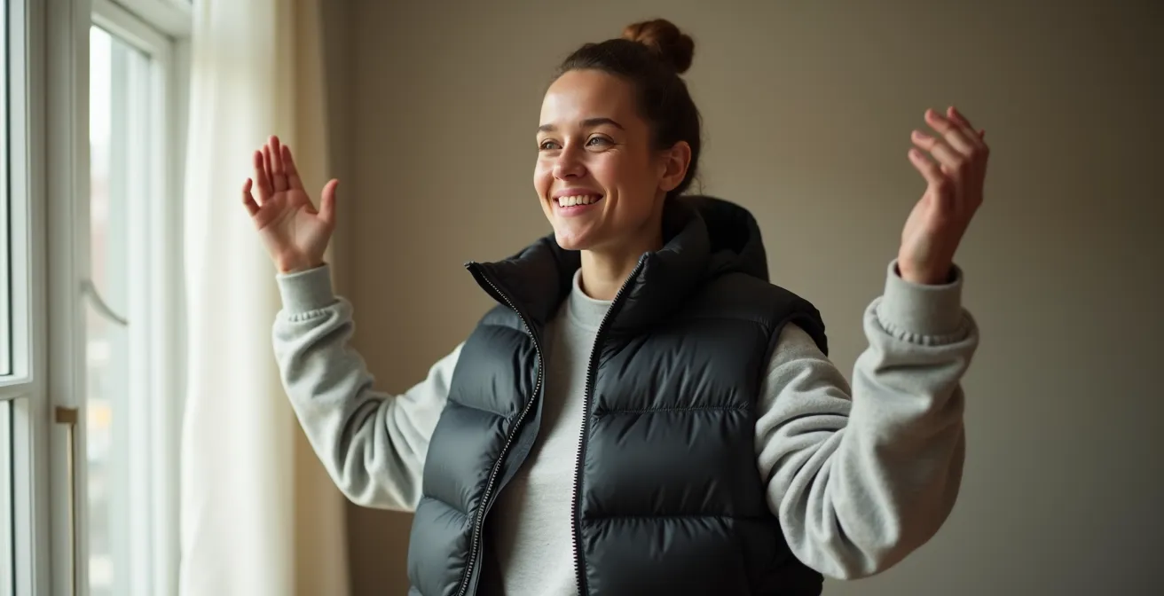 Una chica con un chaleco acolchado sobre una sudadera oversize, mostrando comodidad y libertad de movimiento en un entorno urbano.