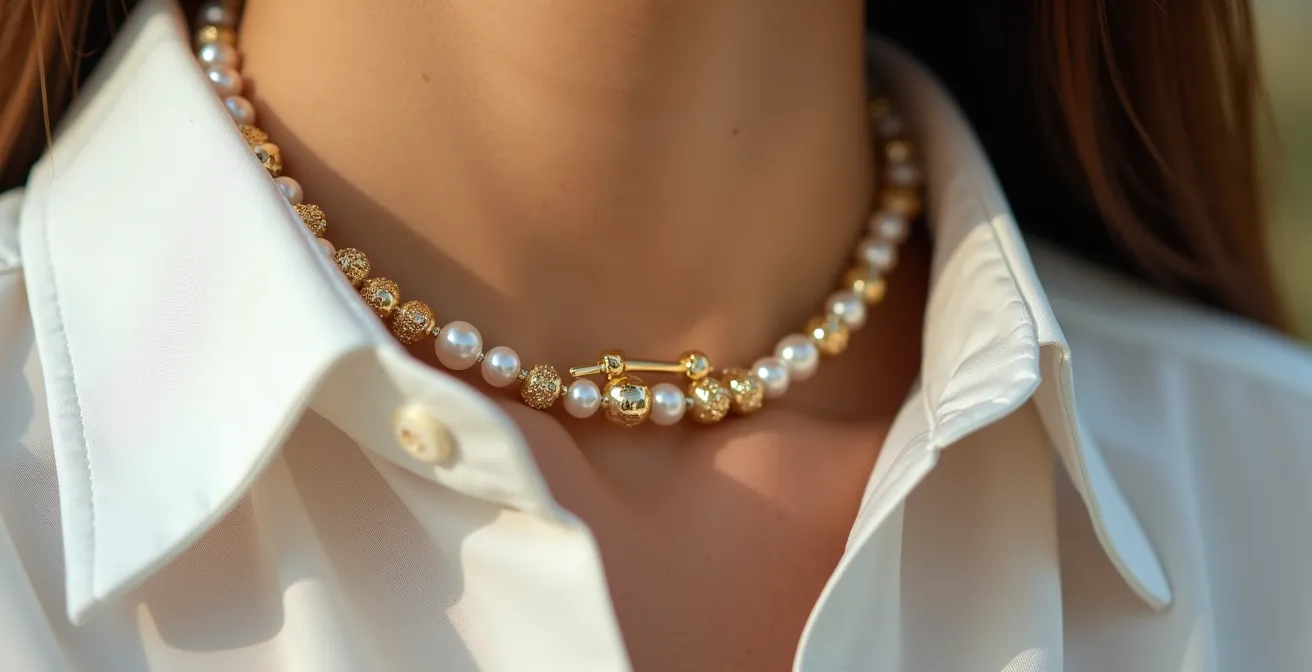 Detalle macro de diferentes collares sobre camisa blanca con distintos niveles de apertura