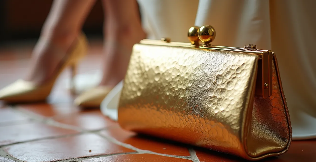 Composición artística de bolso dorado con zapatos nude mostrando combinación elegante