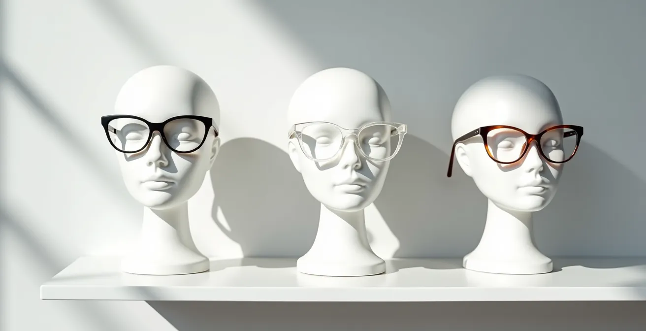 Comparación visual de diferentes bases de gafas cat-eye en rostros diversos