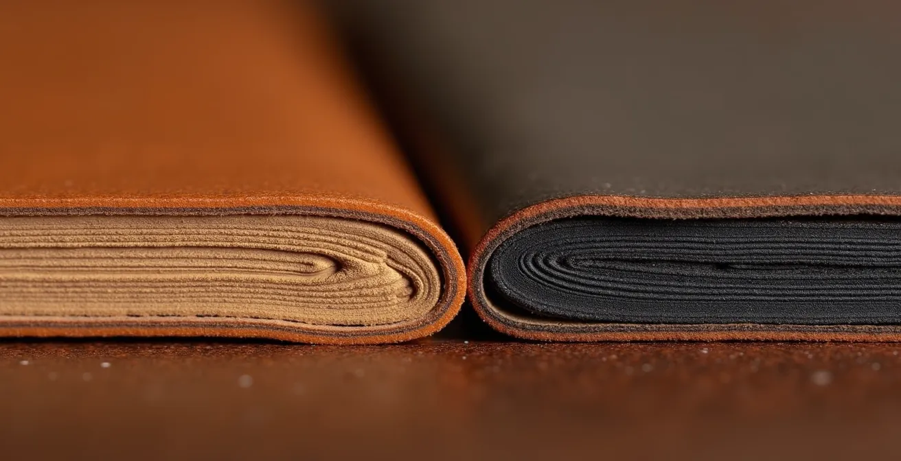 Detalle macro de cantos de cuero lujados artesanal versus industrial
