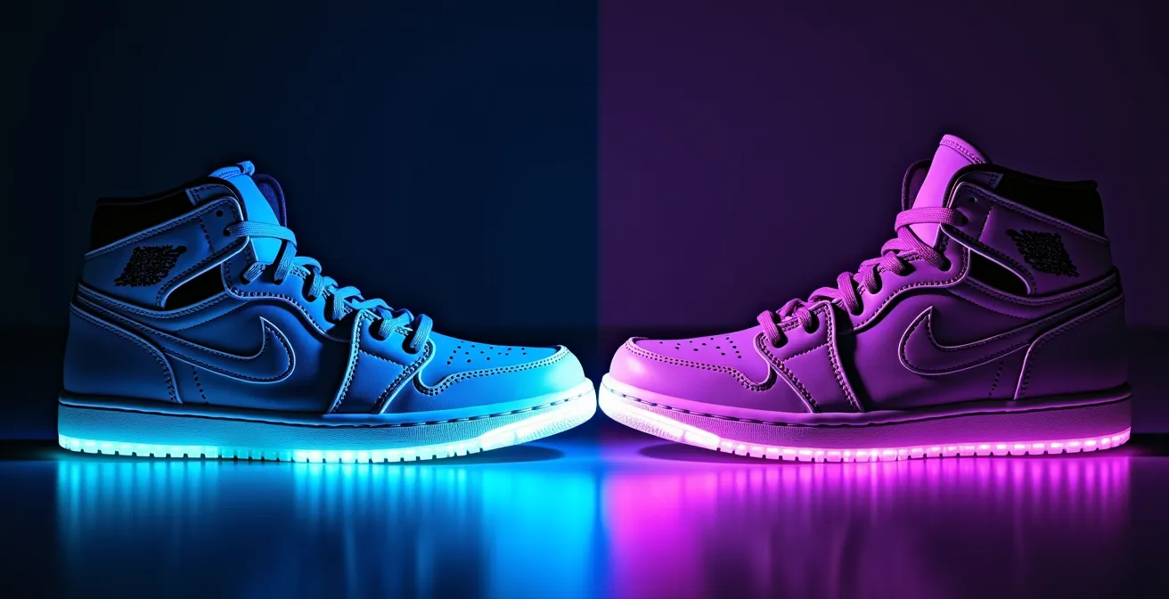 Vista macro comparando costuras y detalles de Jordan auténticas versus réplicas falsas