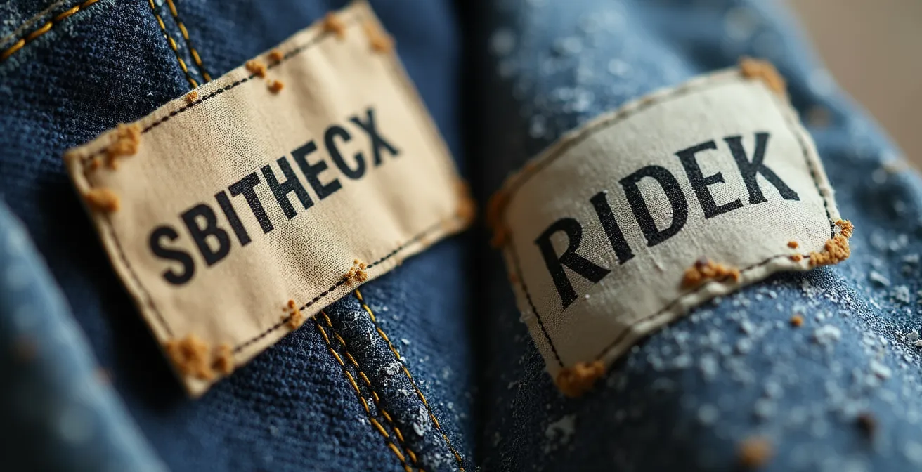 Detalle macro de etiquetas de ropa mostrando diferencias entre vintage auténtico y fast fashion