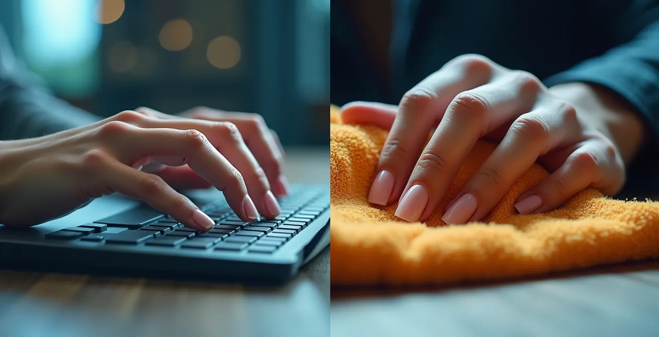 Comparación visual entre uñas acrílicas y de gel en contexto laboral