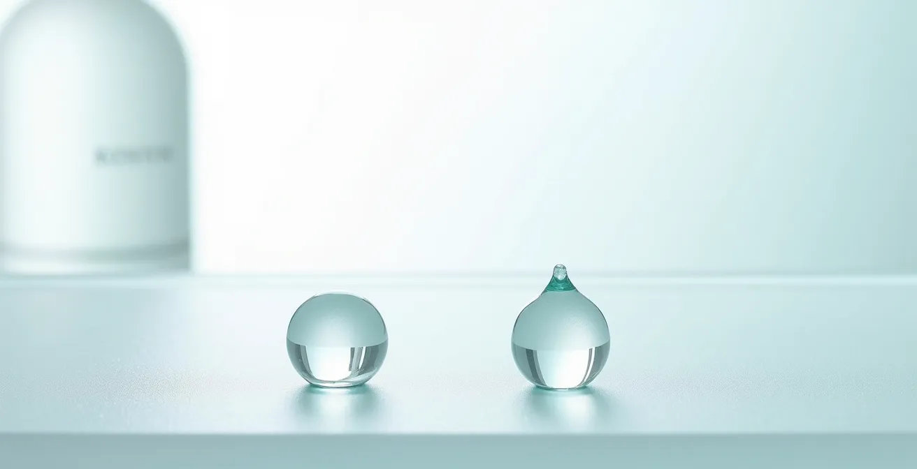 Gotas de sérum con diferentes texturas sobre superficie de vidrio mostrando viscosidad