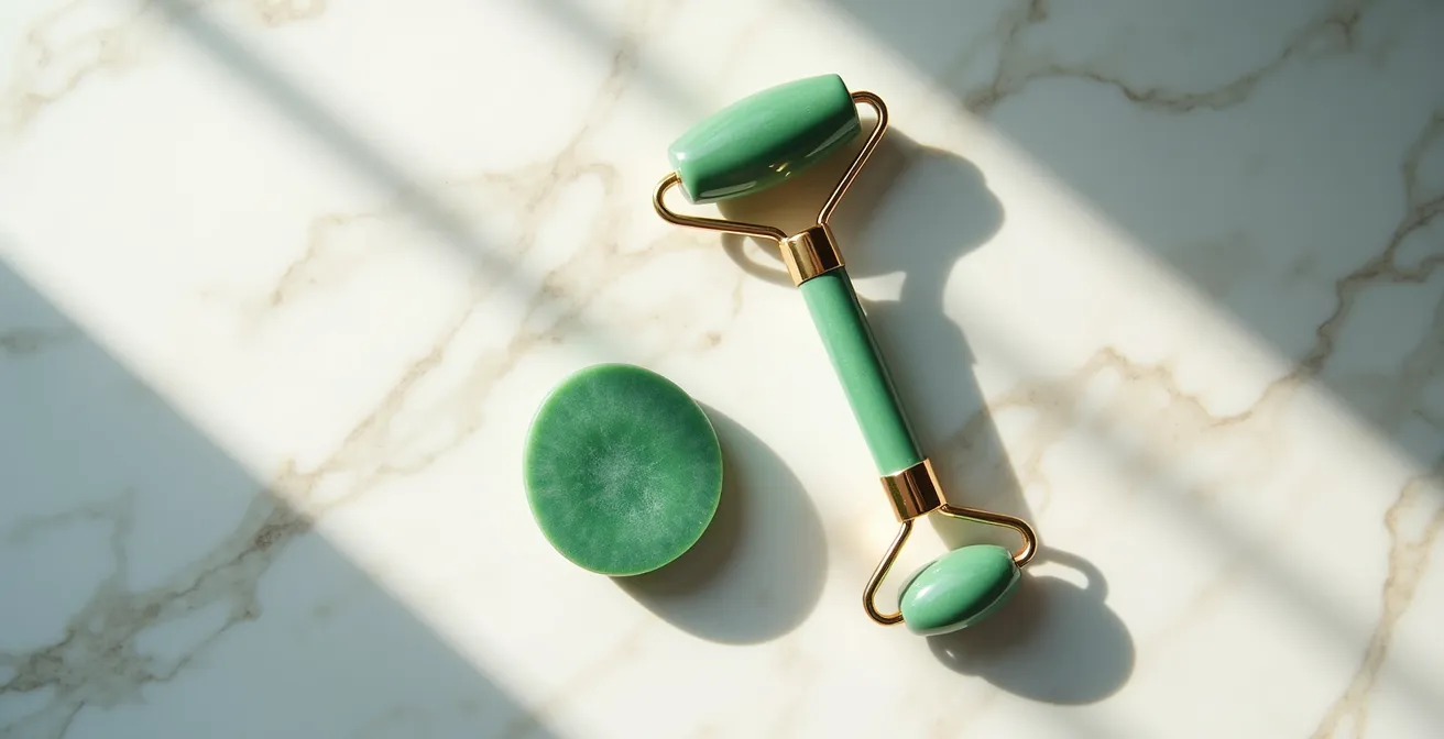 Herramientas de masaje facial gua sha y rodillo de jade sobre superficie de mármol