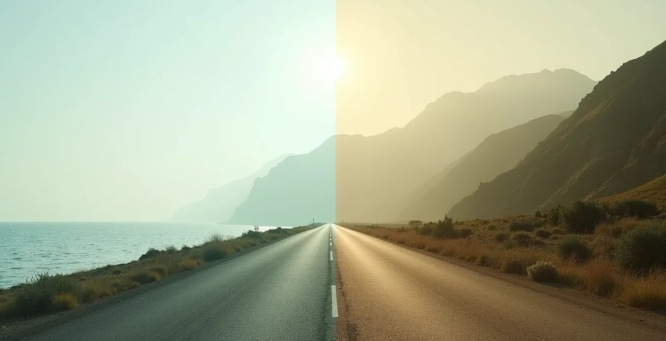 Comparación visual de cómo se ven diferentes paisajes españoles con lentes grises versus marrones