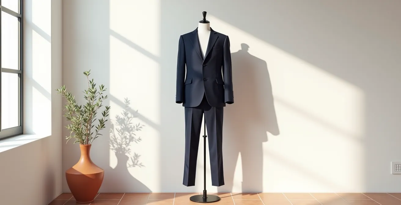 Vista amplia de conjunto de traje completo mostrando la armonía entre blazer y pantalón