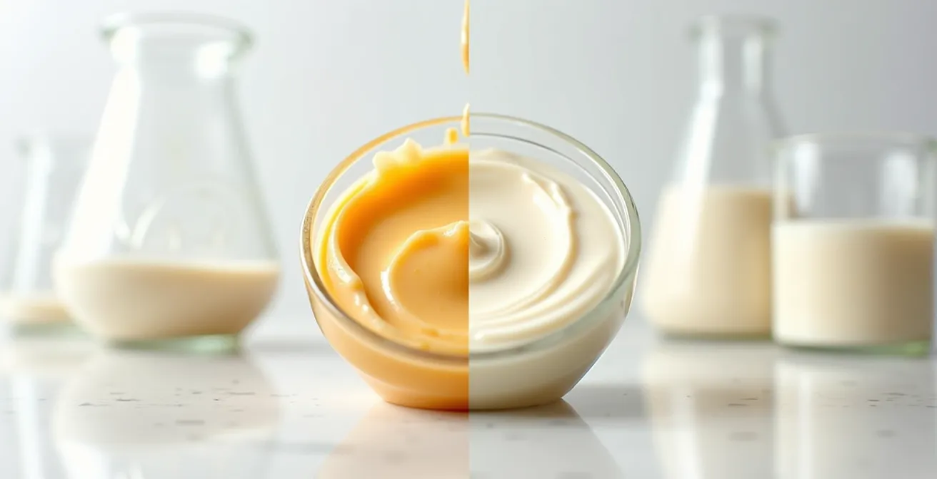 Vista microscópica de una emulsión cosmética mostrando la distribución uniforme de gotas