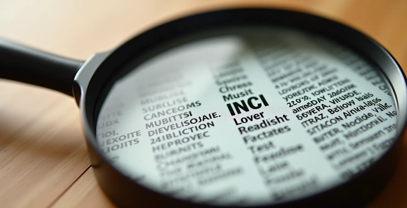 Detalle macro de una etiqueta INCI con lupa sobre superficie de madera natural