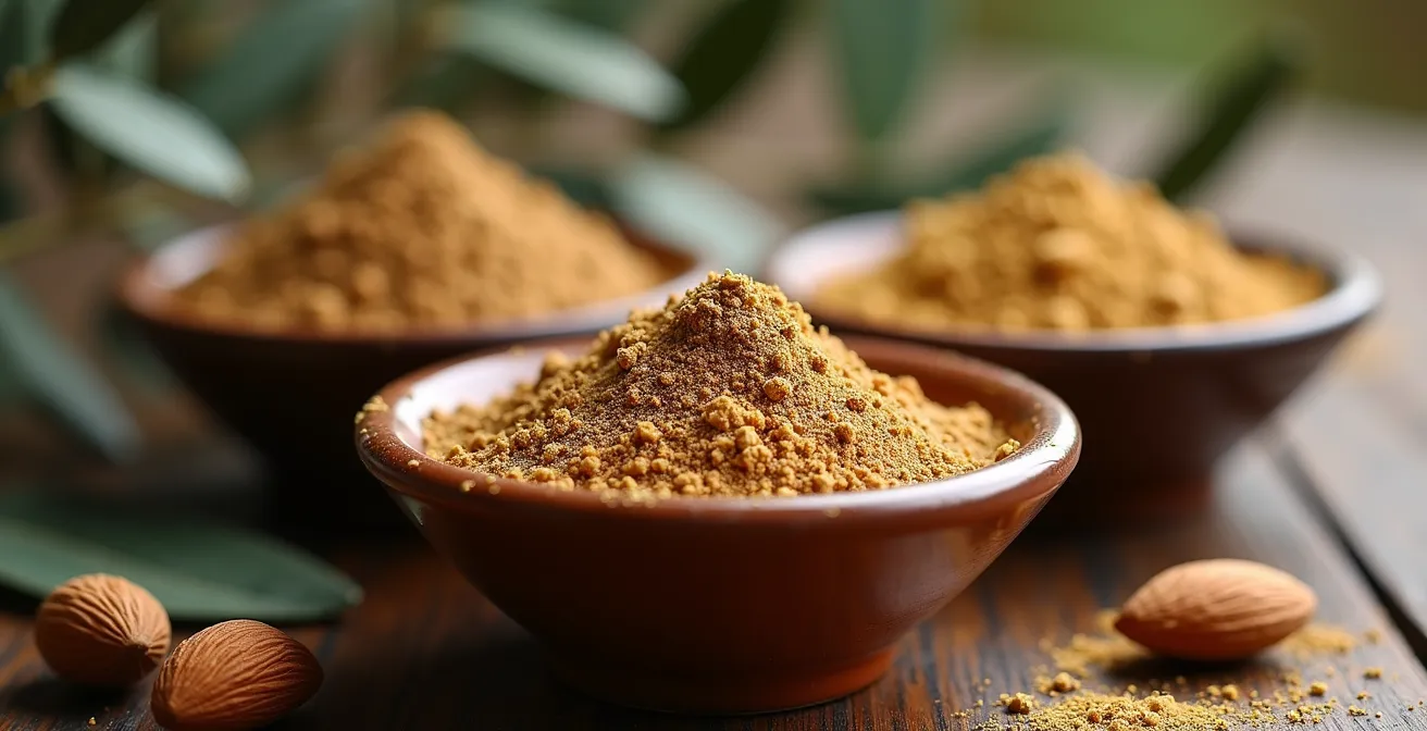 Vista macro de polvo de hueso de aceituna y cáscara de almendra molida como exfoliantes naturales