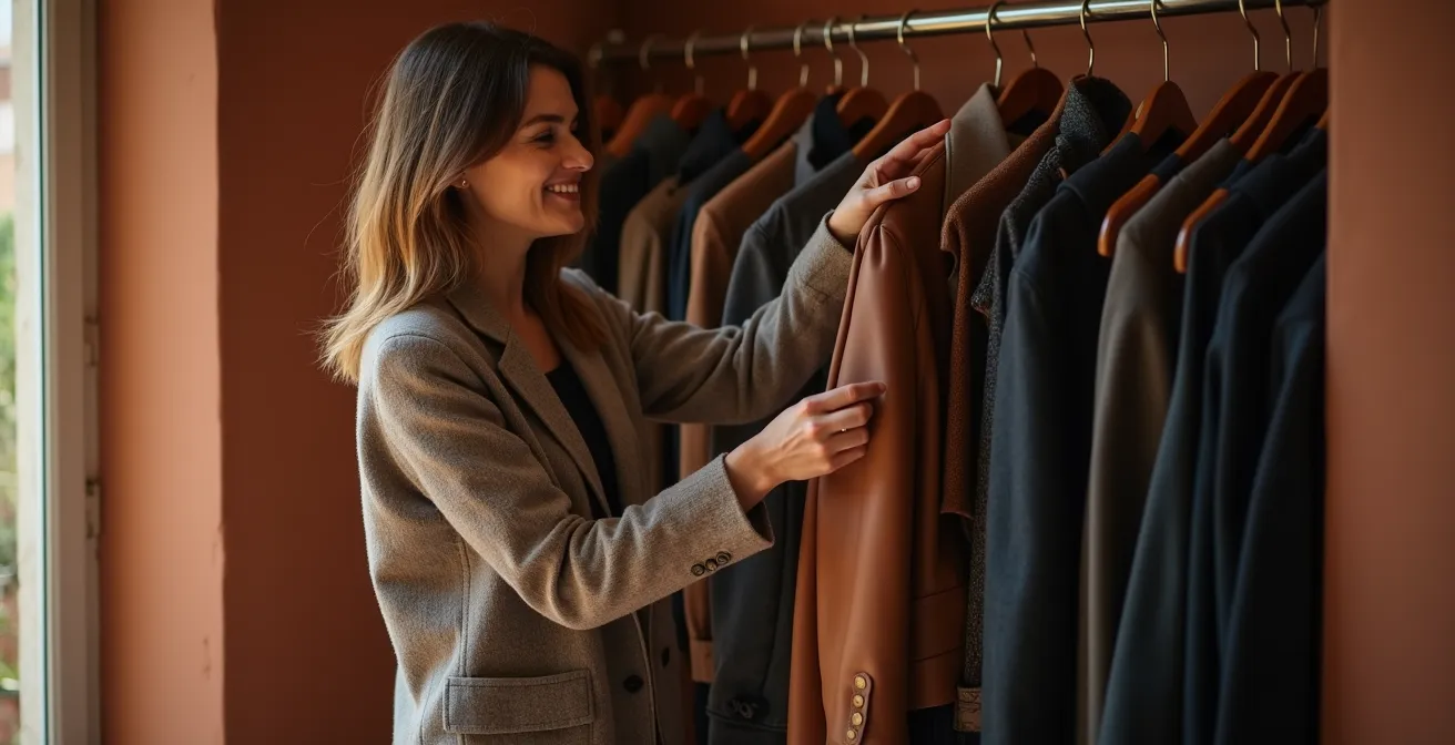 Armario organizado en España mostrando la distribución 80-20 entre básicos atemporales y piezas de tendencia.
