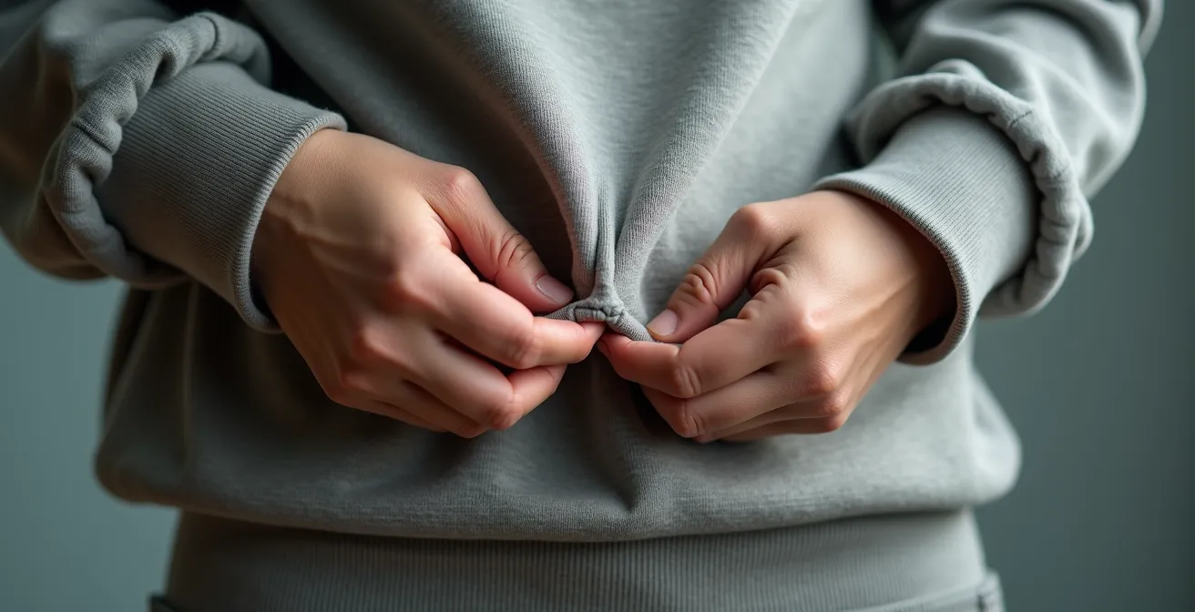 Detalle de manos ajustando el french tuck en una sudadera oversize gruesa para definir la silueta.