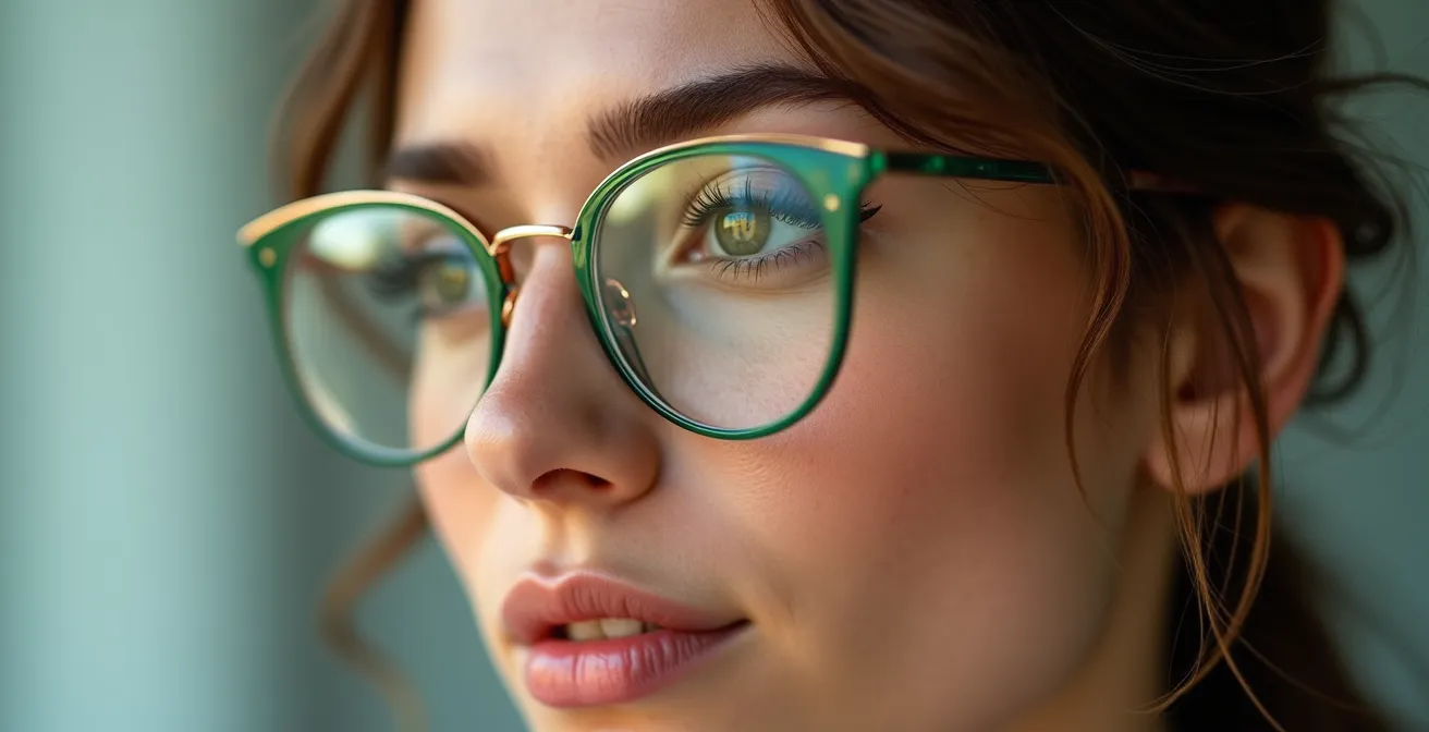 Primer plano de rostro con gafas cat-eye modernas en montura metálica fina, maquillaje natural y peinado contemporáneo