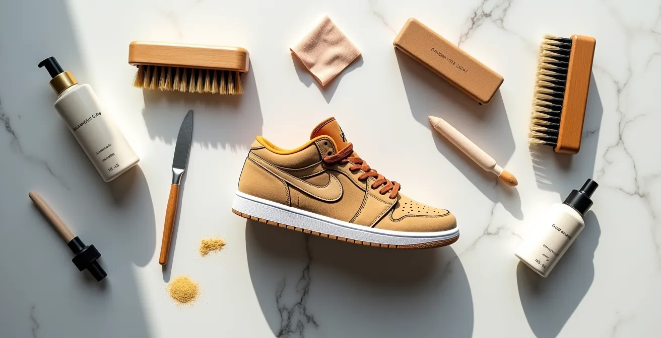 Kit profesional de limpieza y mantenimiento para zapatillas de ante dispuesto elegantemente