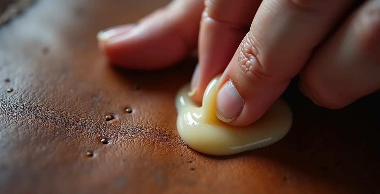 Manos de artesano aplicando crema natural sobre cuero con movimientos circulares