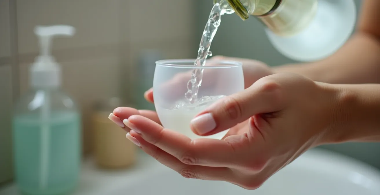 Primeros planos de manos femeninas limpiando delicadamente una copa menstrual transparente con agua de una botella reutilizable