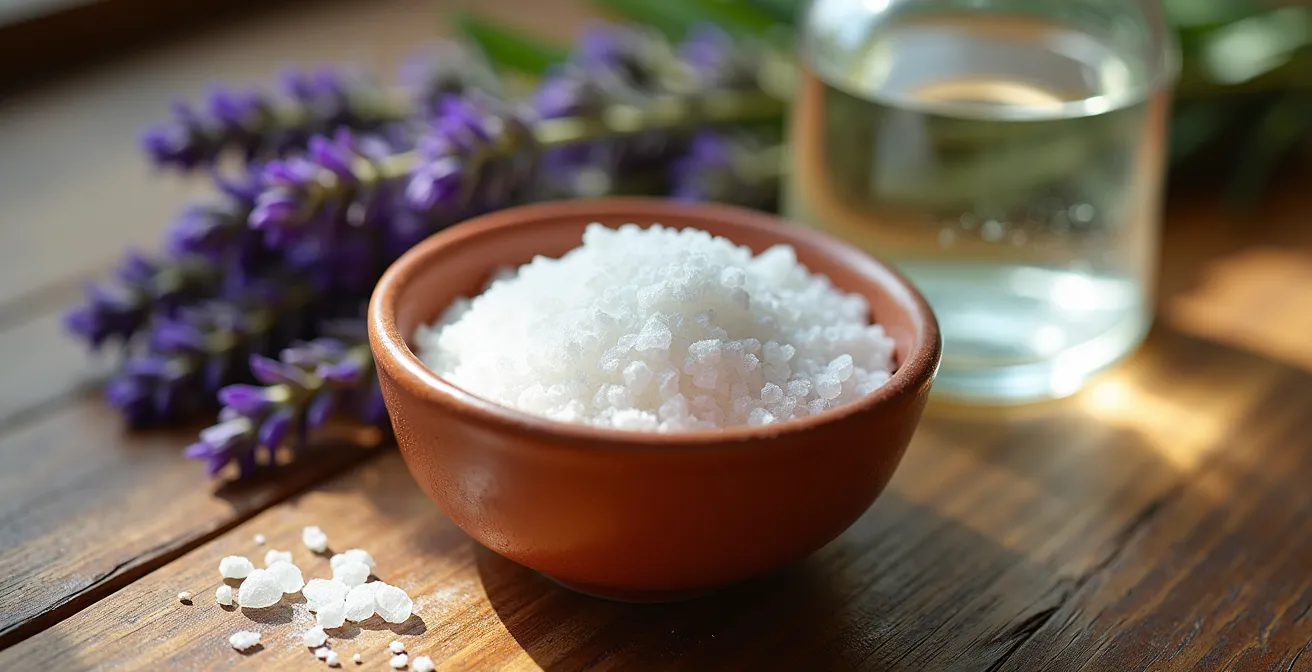 Mesa con productos naturales para limpiar ropa vintage: bicarbonato, vinagre y lavanda