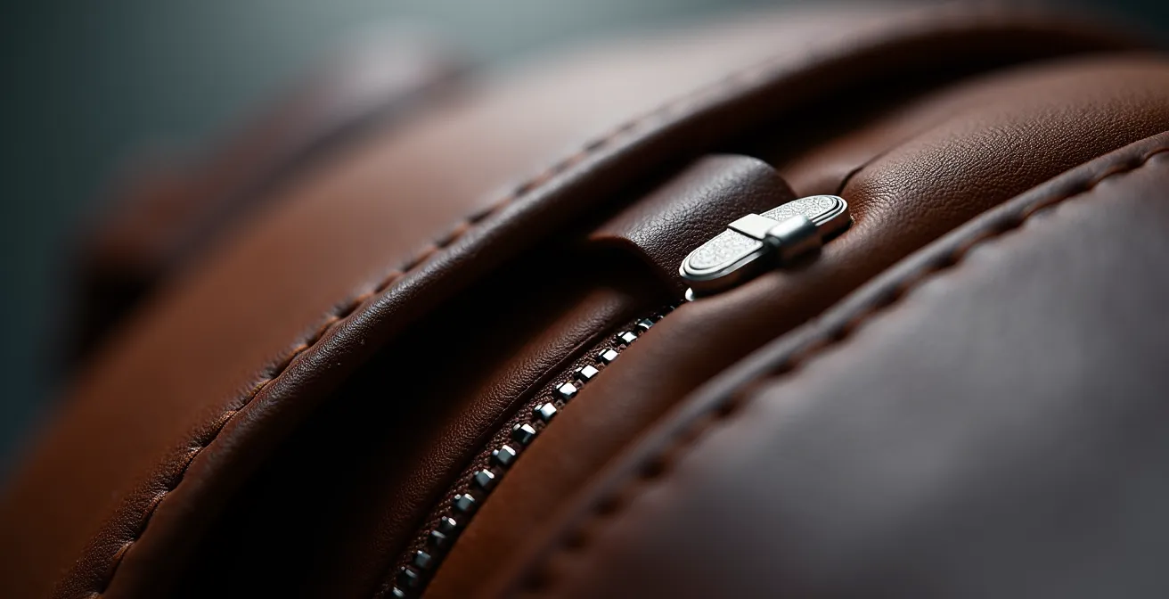 Detalle de mochila antirrobo de cuero con cremalleras ocultas y diseño minimalista urbano
