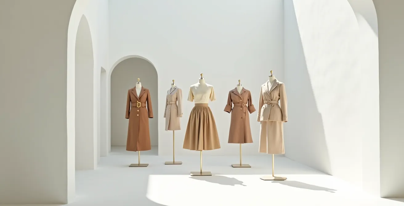 Composición de prendas modernas que recrean la silueta New Look de los años 50 con cintura marcada y falda amplia