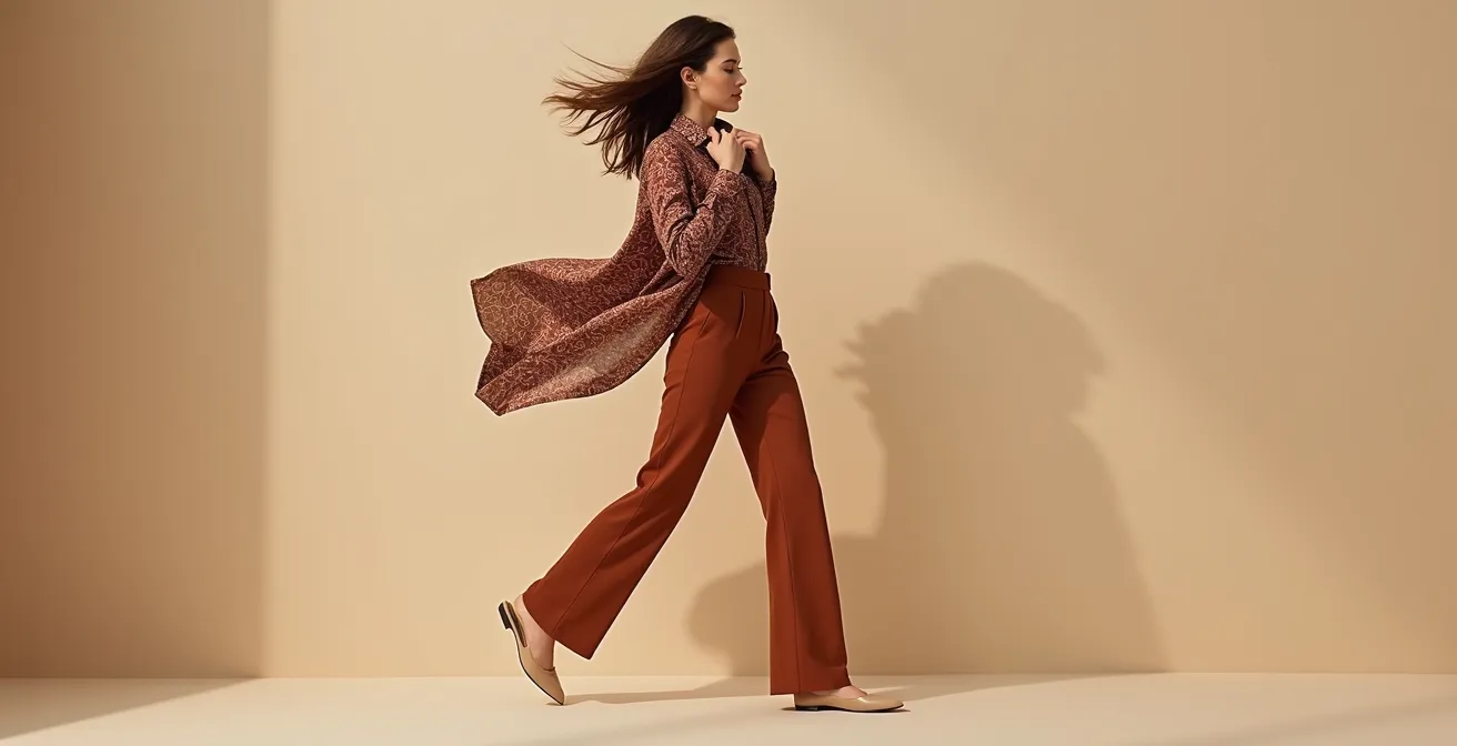 Look elegante con blusa paisley como pieza protagonista sobre base neutra