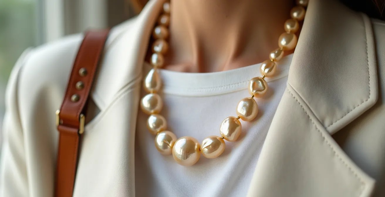 Collar de perlas barrocas irregulares combinado con blazer moderna y camiseta de algodón