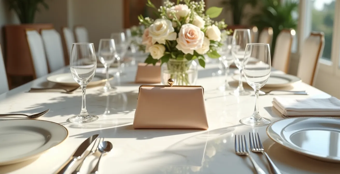 Vista cenital de mesa de boda mostrando ubicación correcta del bolso con gancho elegante