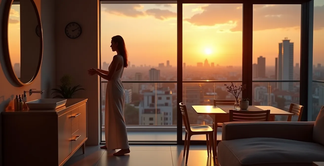 Infografía del reloj biológico de la piel mostrando procesos de regeneración nocturna en el contexto de un atardecer urbano en España