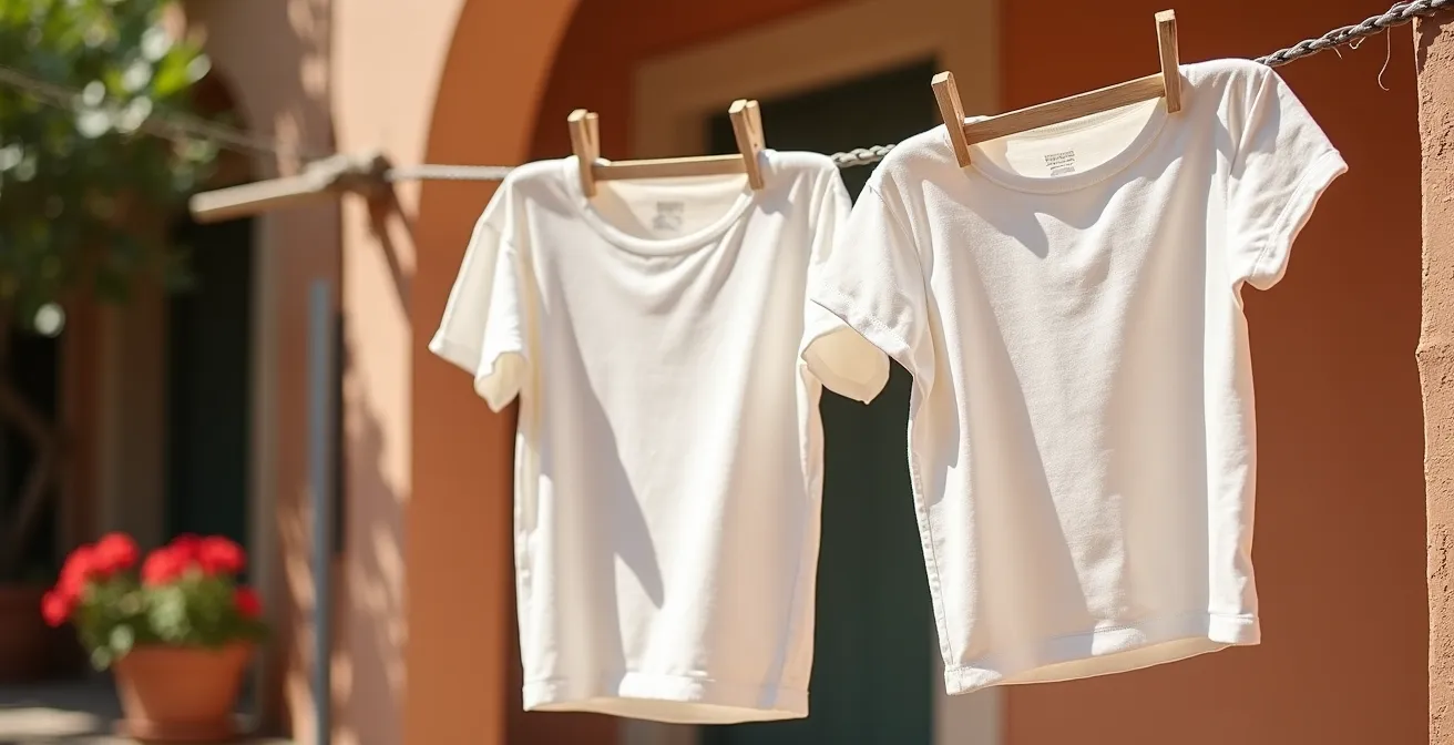 Prenda de lino blanca colgada en tendedero tradicional español con luz natural mediterránea