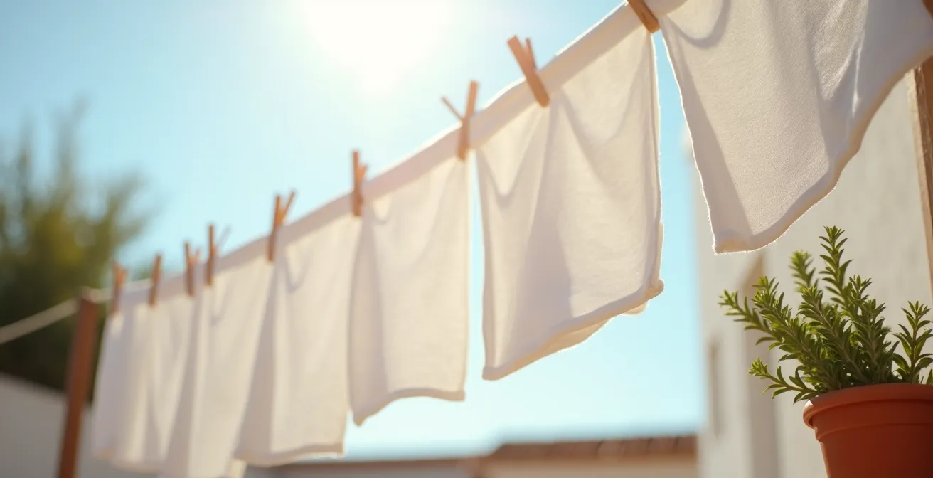 Ropa blanca secándose al sol mediterráneo en un tendedero tradicional español