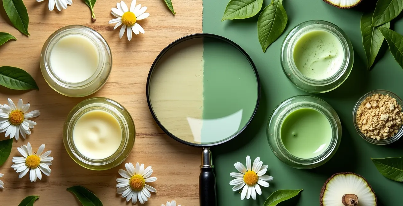 Comparación visual de certificaciones ecológicas auténticas en productos cosméticos