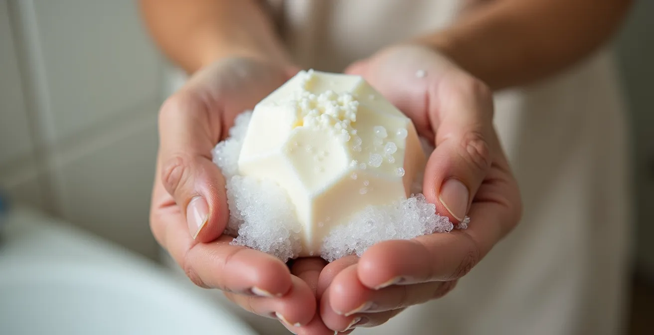 Manos creando espuma con una pastilla de champú sólido bajo el agua