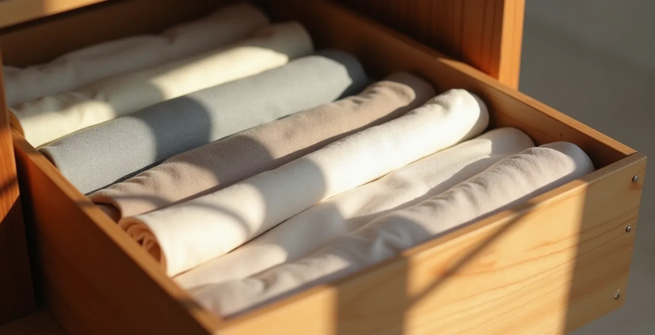 Caja de almacenaje con ropa doblada en proceso de cuarentena temporal