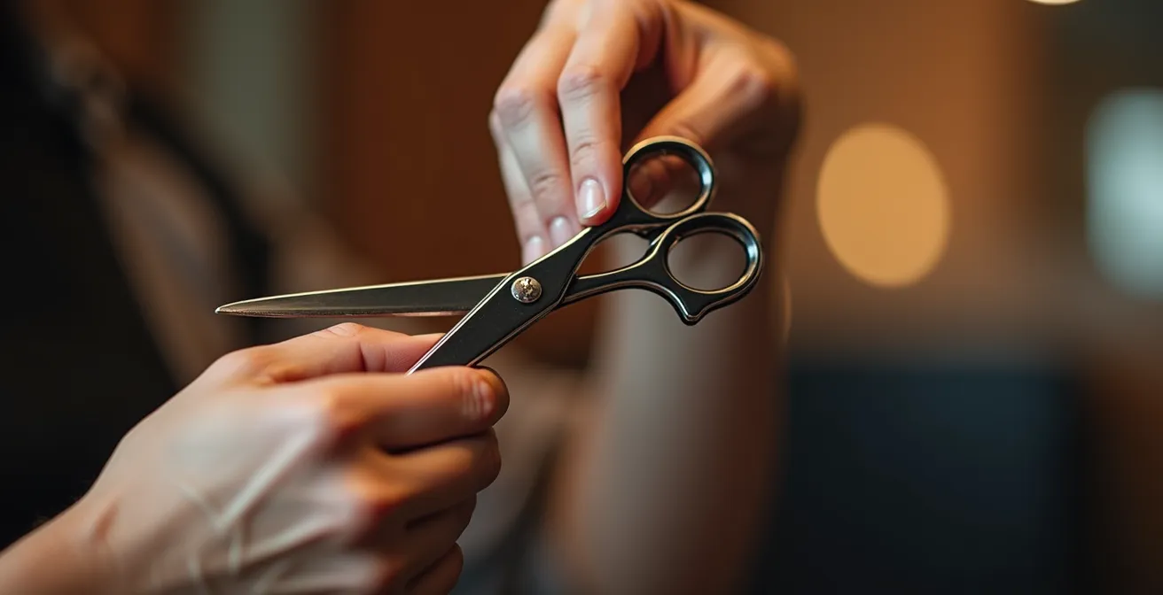 Manos de estilista realizando técnica de dusting en cabello largo