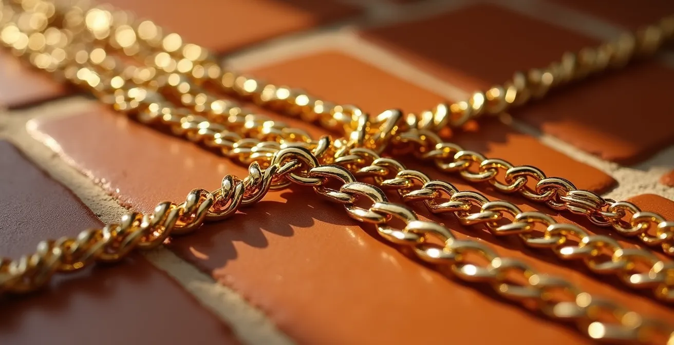 Detalle macro de tres cadenas doradas de diferentes grosores perfectamente dispuestas sin enredarse