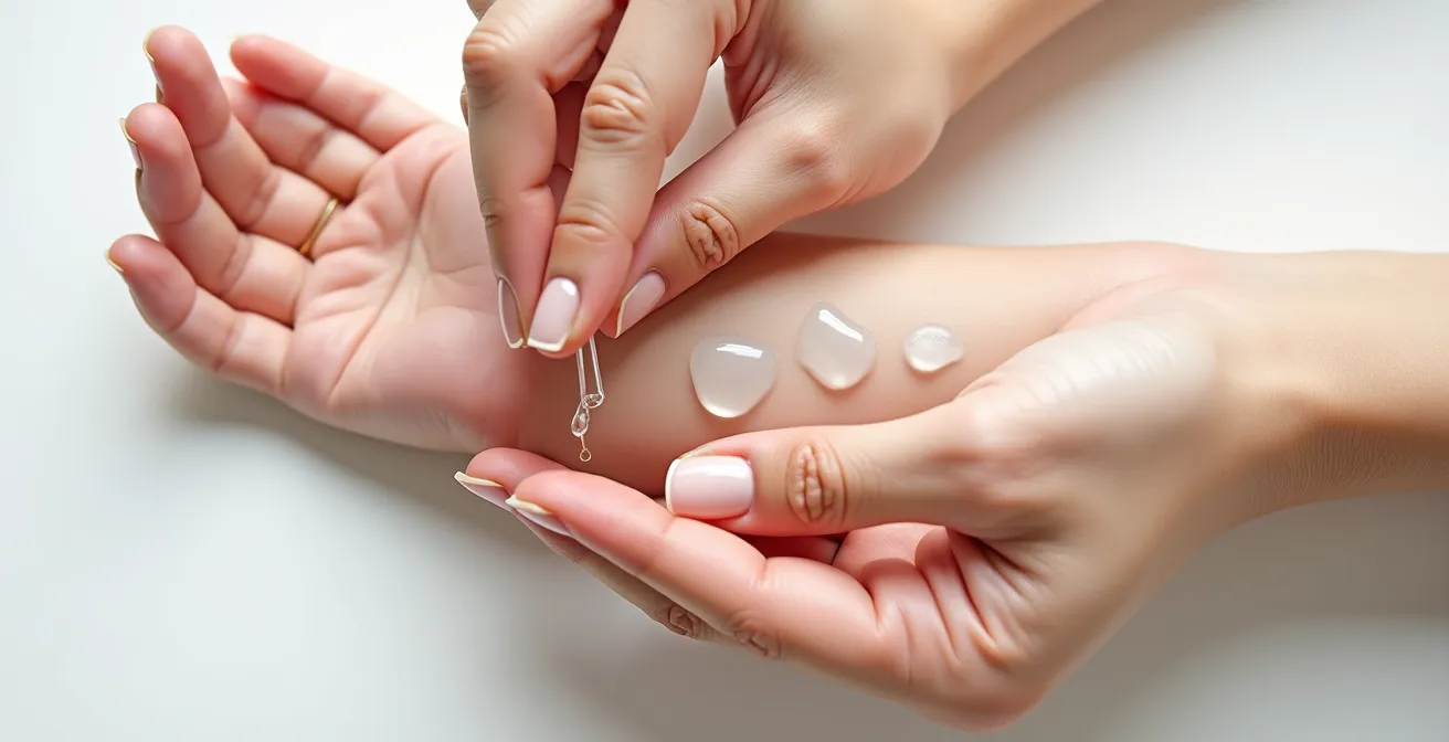 Manos aplicando sérum en capas sobre piel con textura visible en luz suave