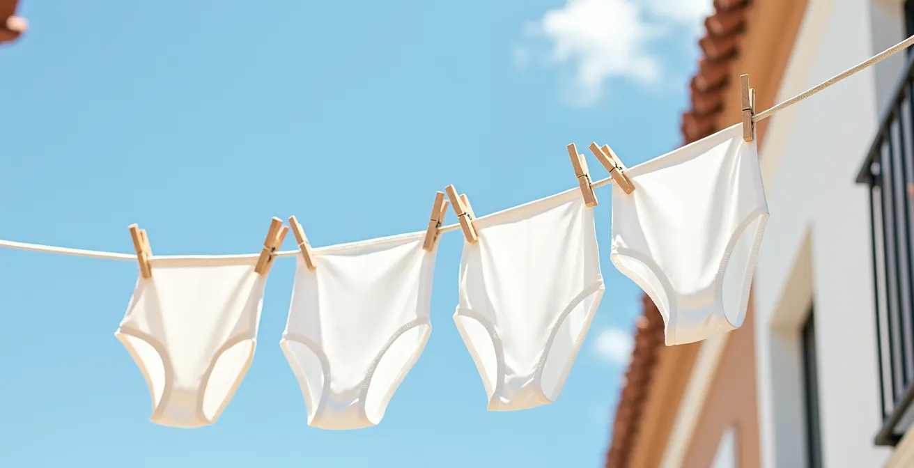 Ropa interior blanca secándose al sol en un tendedero español tradicional