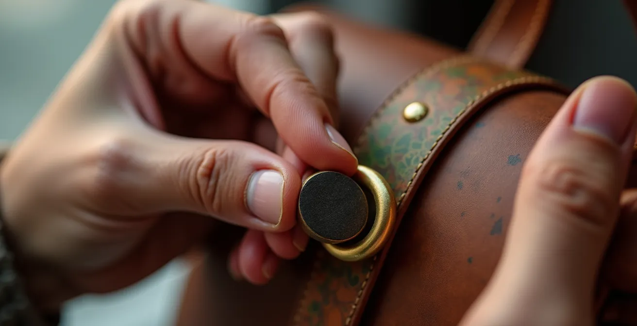 Prueba del imán en herrajes de bolsos de cuero